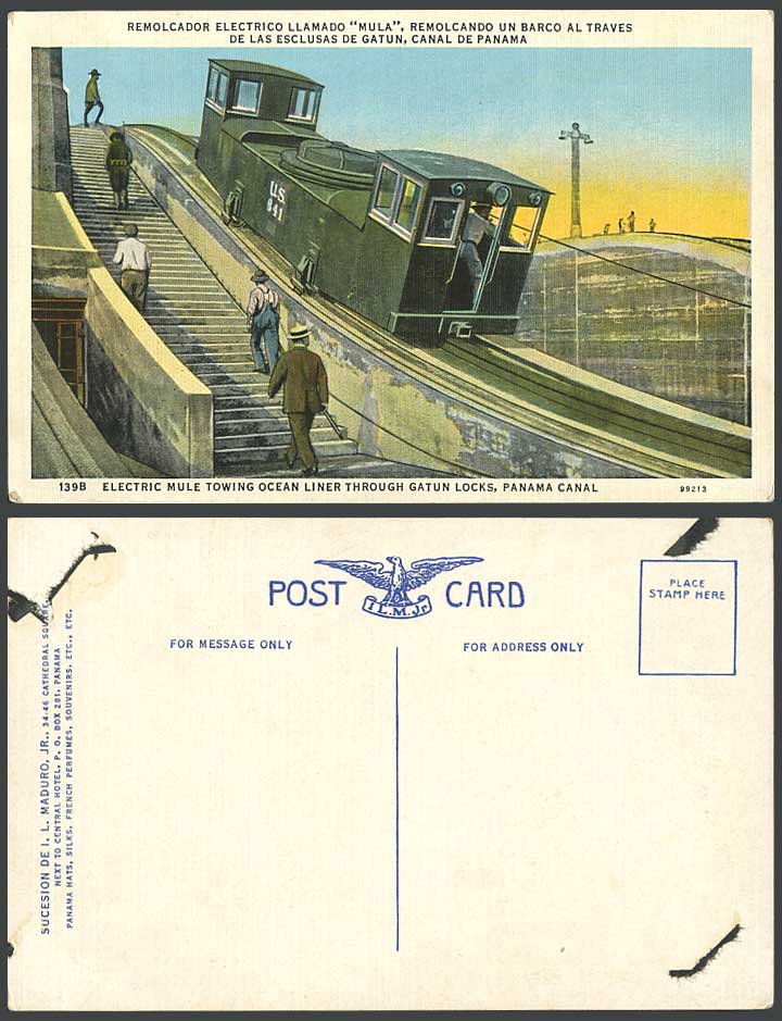 Panama Canal - Electric Mule towing Ocean Liner through Gatun Locks Old Postcard