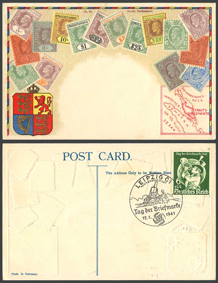 Straits Settlements Vintage Stamps Old Postcard 1941 Deutsches Reich 6+24 Stamp