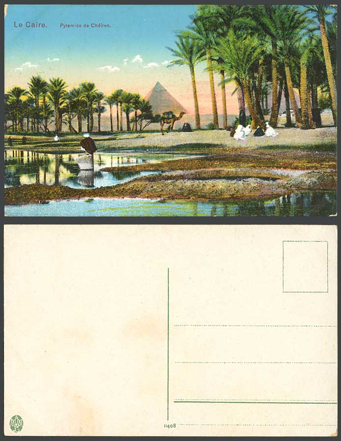 Egypt Old Colour Postcard Cairo Pyramid Pyramide de Chefren, Le Caire Palm Trees