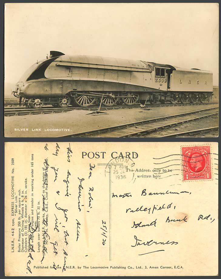 L.N.E.R Silver Link Express Locomotive Engine 2509 Train 1936 Old Photo Postcard