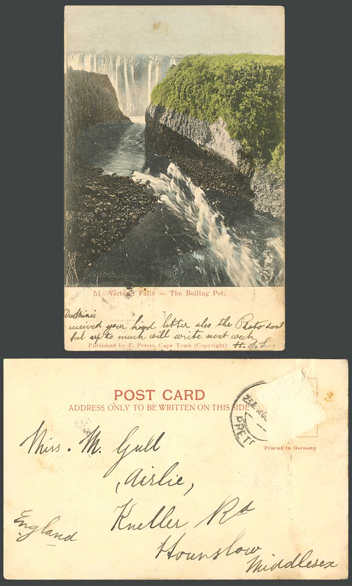 Rhodesia Old Hand Tinted UB Postcard Boiling Pot Victoria Falls Waterfalls River