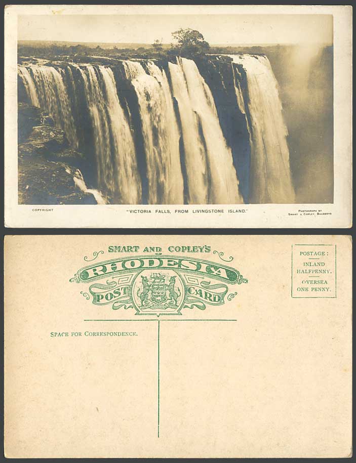 Rhodesia Old R. Photo Postcard Victoria Falls from Livingstone Island, Main Fall