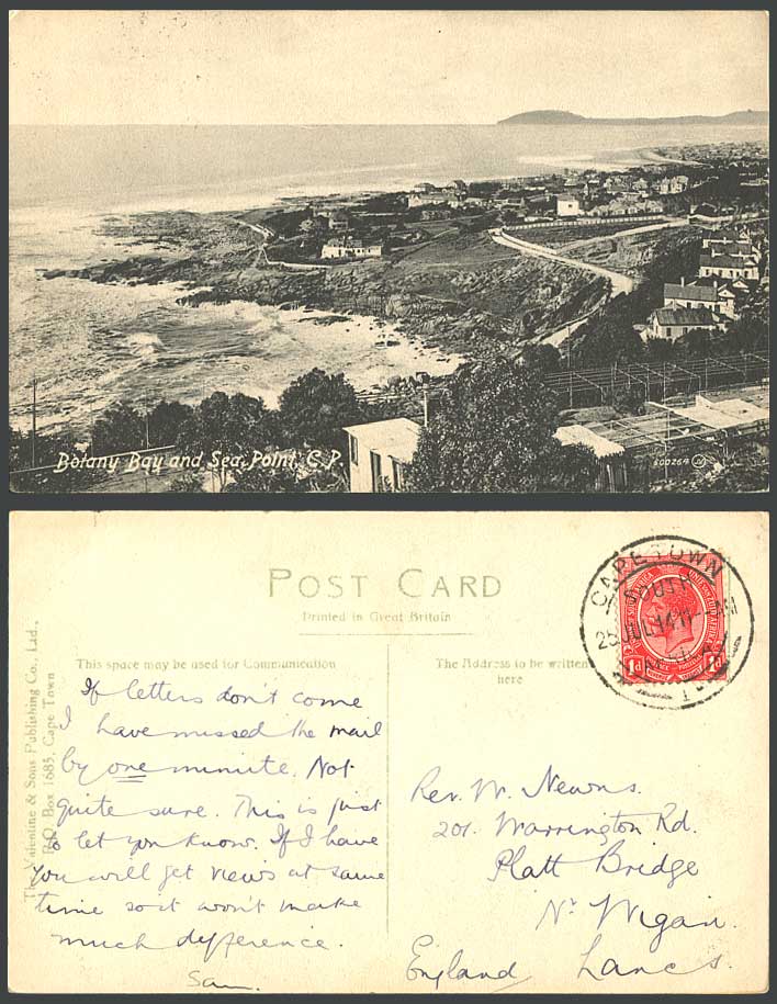 South Africa Transvaal KG5. 1d. 1914 Old Postcard Botany Bay and Sea Point C.P.