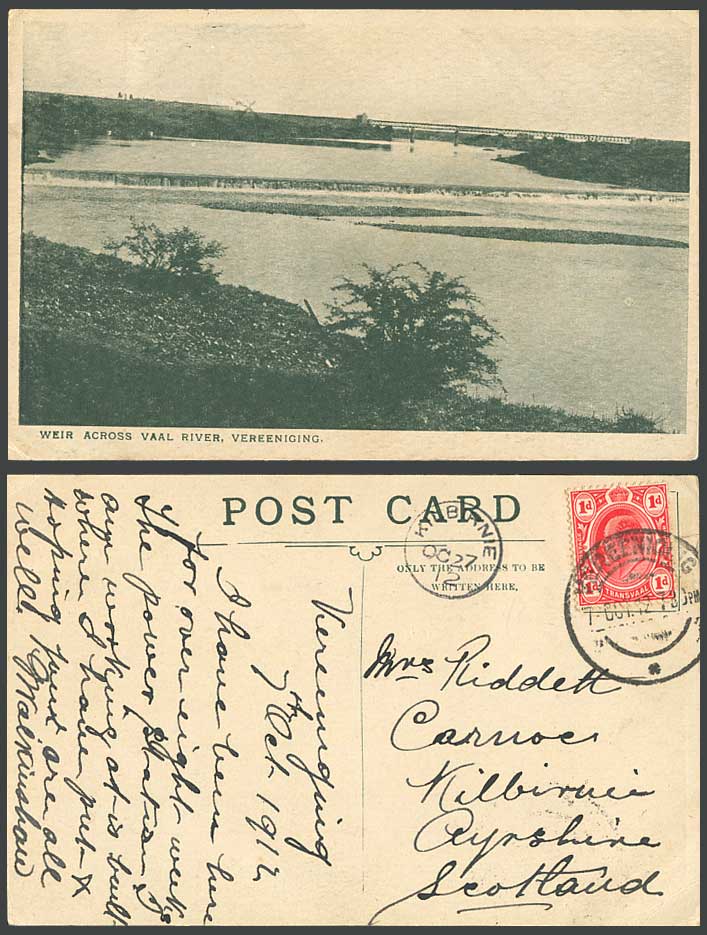 South Africa KE7 1d 1912 Old Postcard Vereeniging, Weir Across Vaal River Bridge