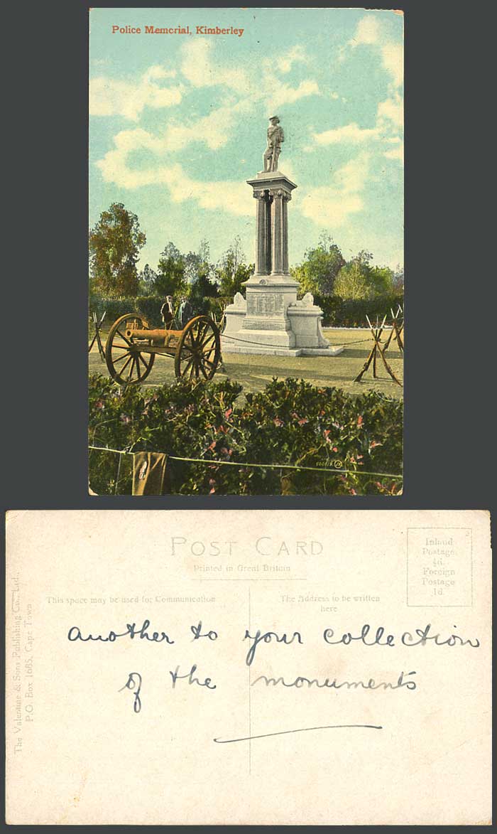 South Africa Kimberley Cape Police Memorial Monument Statue, Cannon Old Postcard