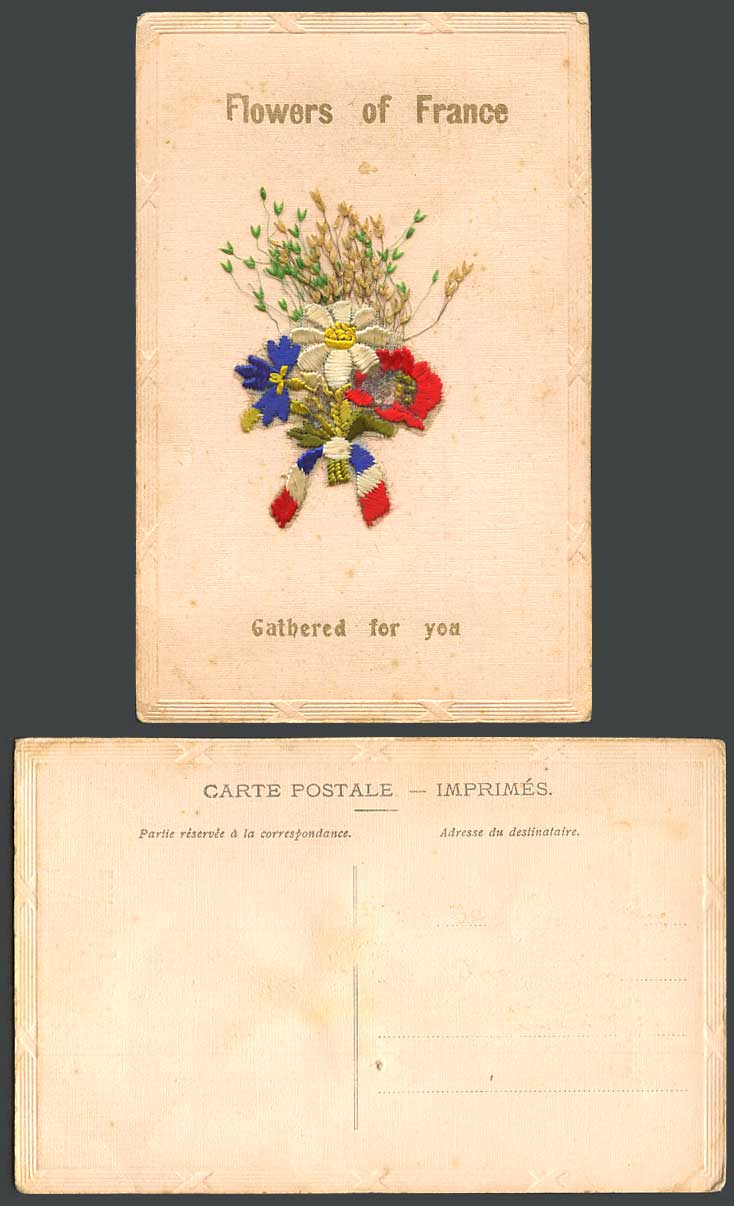WW1 SILK Embroidered Old Postcard Real Dried Flowers of France, Gathered for You