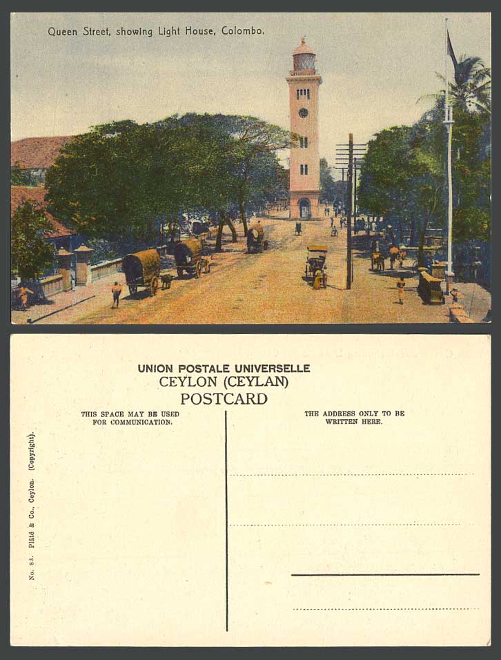 Ceylon Old Colour Postcard Queen Street Scene and Light House Lighthouse Colombo