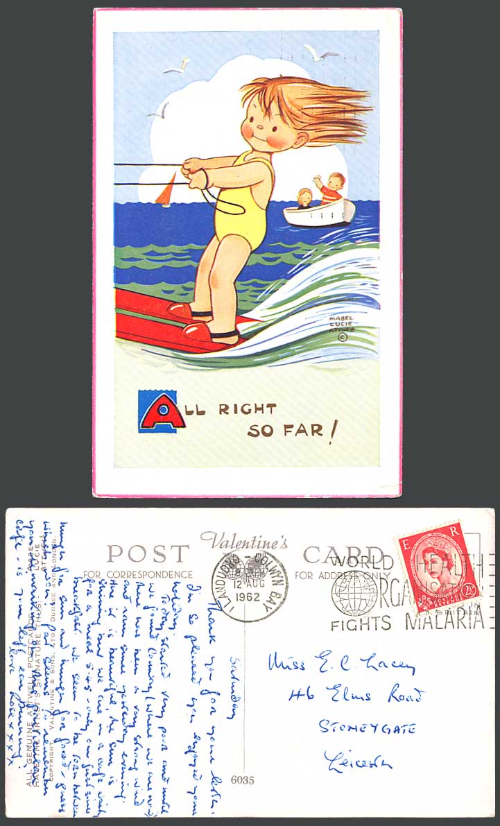 MABEL LUCIE ATTWELL, WHO Malaria 1962 Old Postcard Water Skiing Ski Surfing 6035
