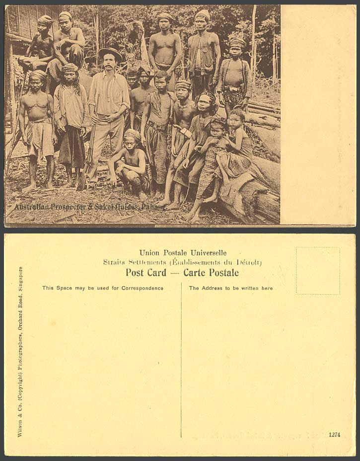 Pahang Old Postcard Australian Prospector Sakei Guides Native Sakai Men Children
