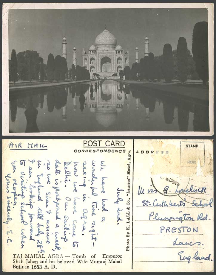 India Air Mail 1950 Old Real Photo Postcard TAJ MAHAL Agra K. Lall Laurice Hotel