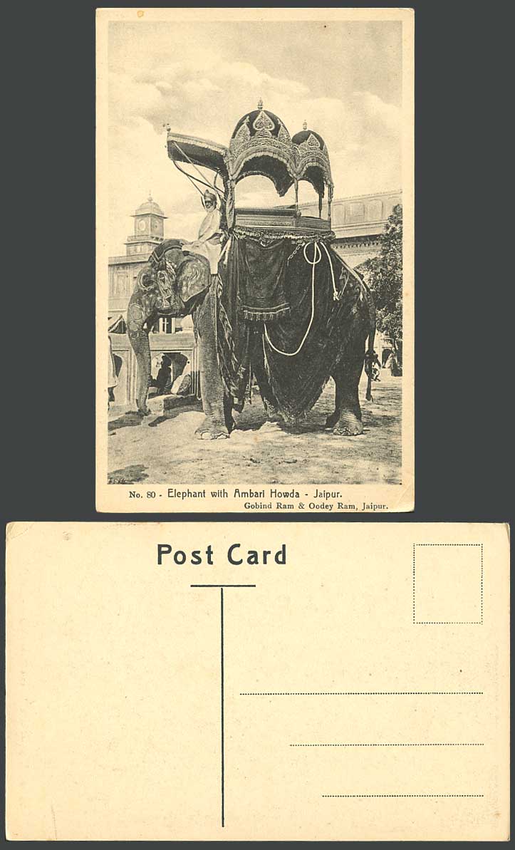 India Jaipur Jeypore, Elephant with Ambari Howda Chair Native Rider Old Postcard