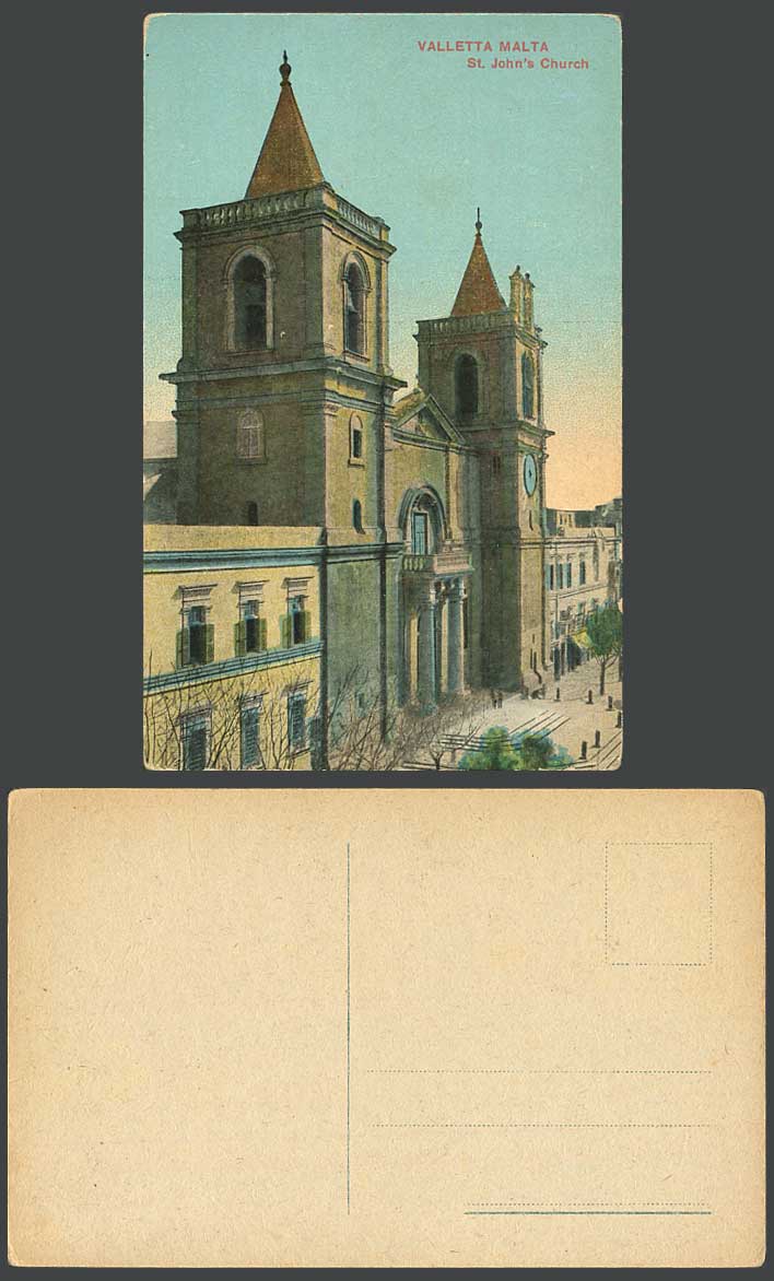 Malta Old Colour Postcard Valletta St. John's Church Bell Tower Maltese Building
