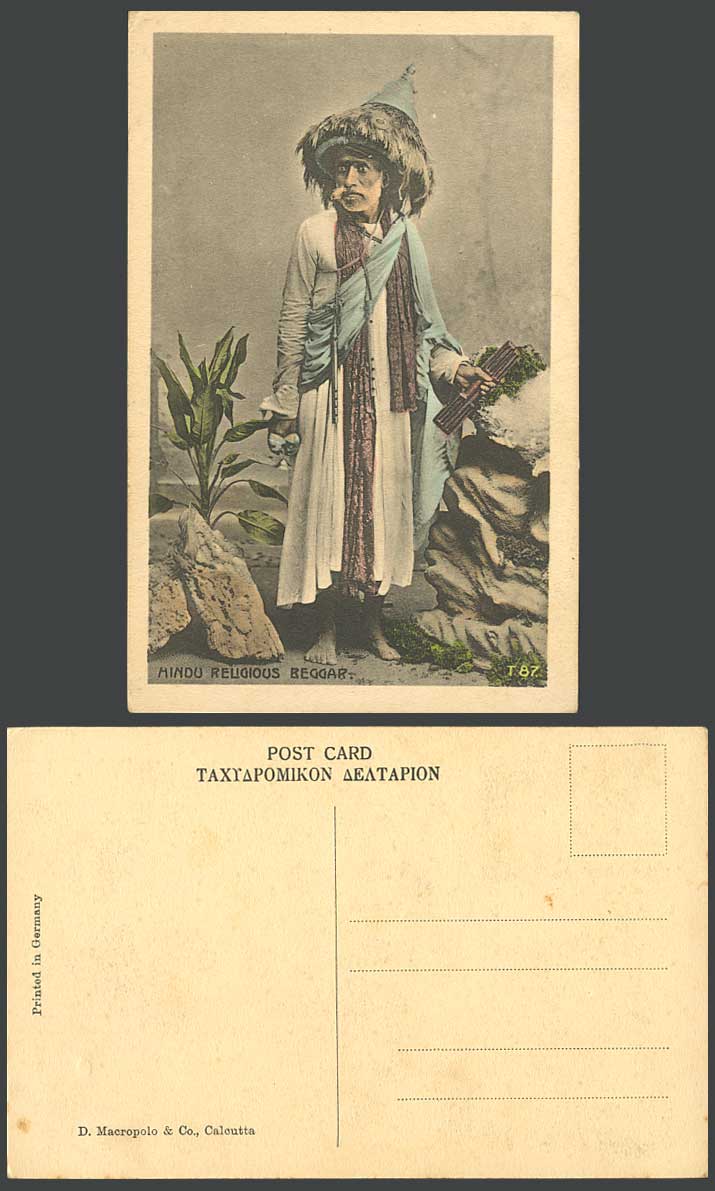 India Old Hand Tinted Postcard Hindu Religious Beggar Traditional Costumes Rocks