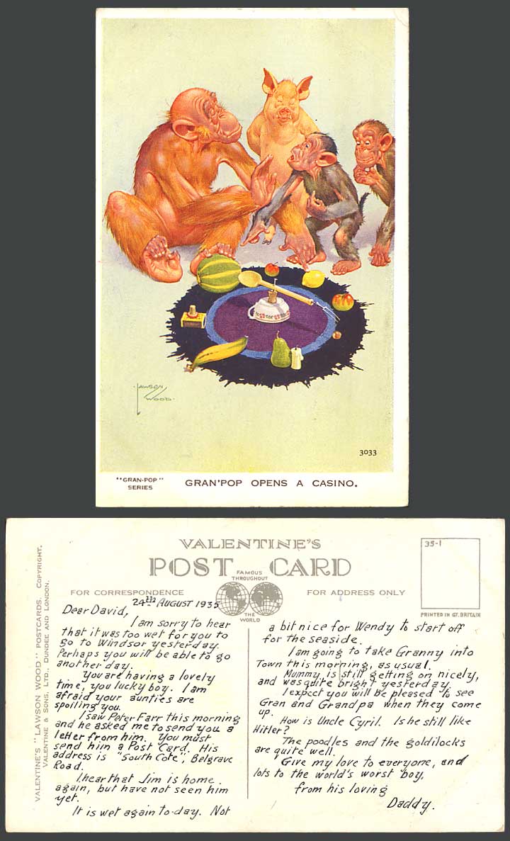 LAWSON WOOD 1935 Old Postcard Gran-Pop Opens a Casino Pig Piglet Monkey No. 3033