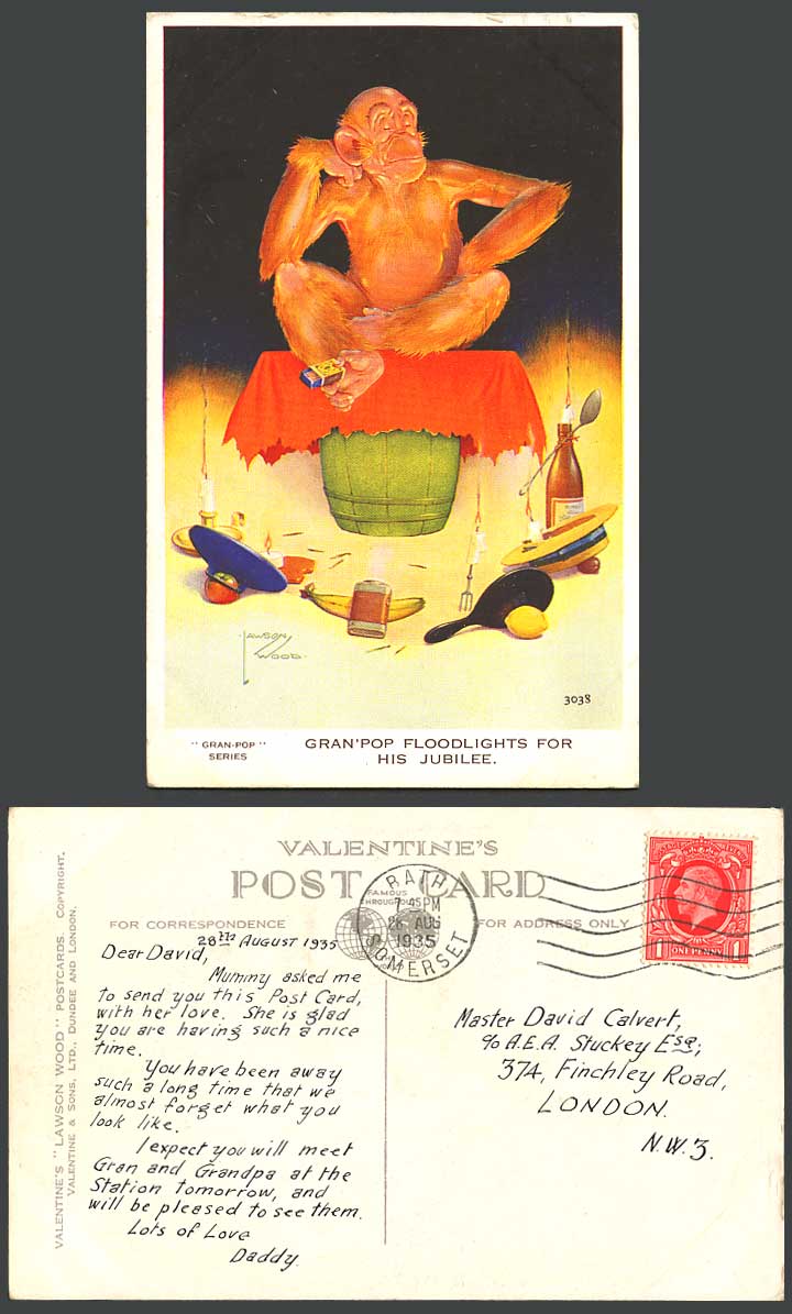 LAWSON WOOD 1935 Old Postcard Chimpanzee Gran'pop Floodlights for Jubilee N.3038