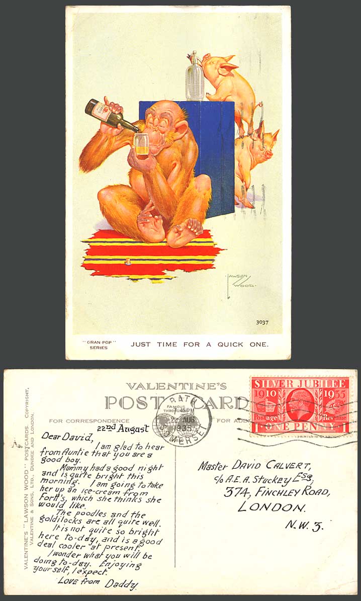 LAWSON WOOD 1935 Old Postcard Gran-Pop Just Time For a Quick One Pig Piglet 3037