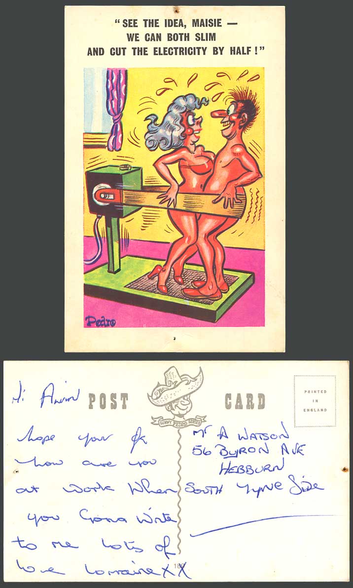 Pedro Saucy Comic Postcard Maisie We Can Both Slim & Cut The Electricity by Half
