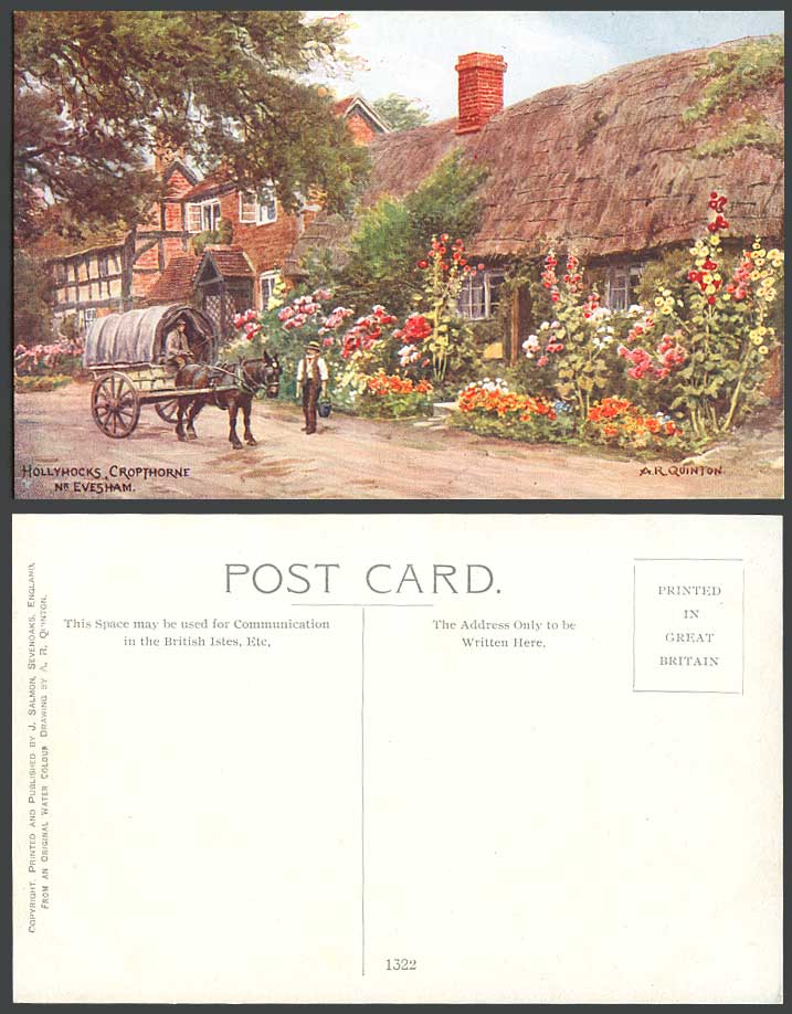 A.R. Quinton Old Postcard Hollyhocks Cropthorne Evesham, Horse Cart Cottage 1322