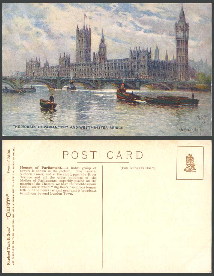 London Houses of Parliament Westminster Bridge Boats Tuck's Oilette Old Postcard