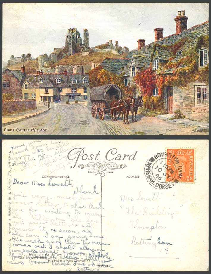 A.R. Quinton 1946 Old Postcard Corfe Castle Village Street Scene Horse Cart 2264