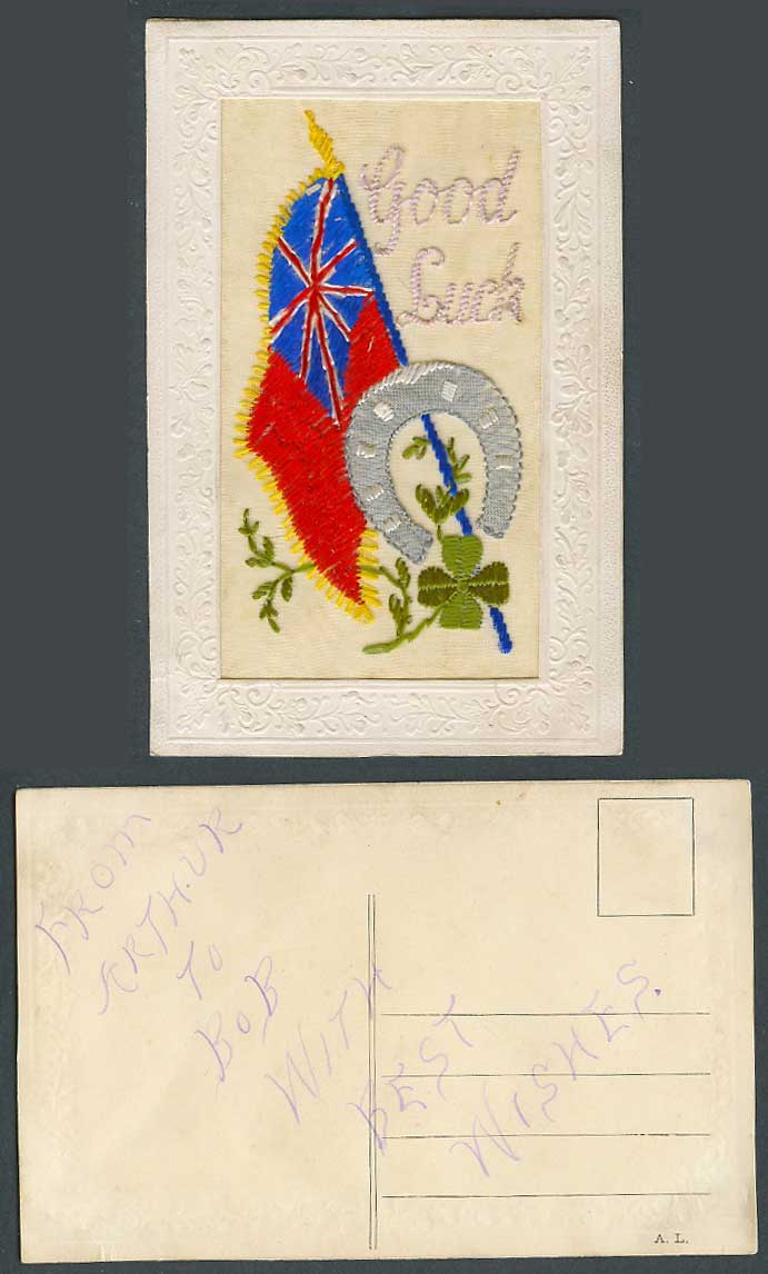 WW1 SILK Embroidered Old Postcard Good Luck Horseshoe Flag 4-Leaf Clover Novelty