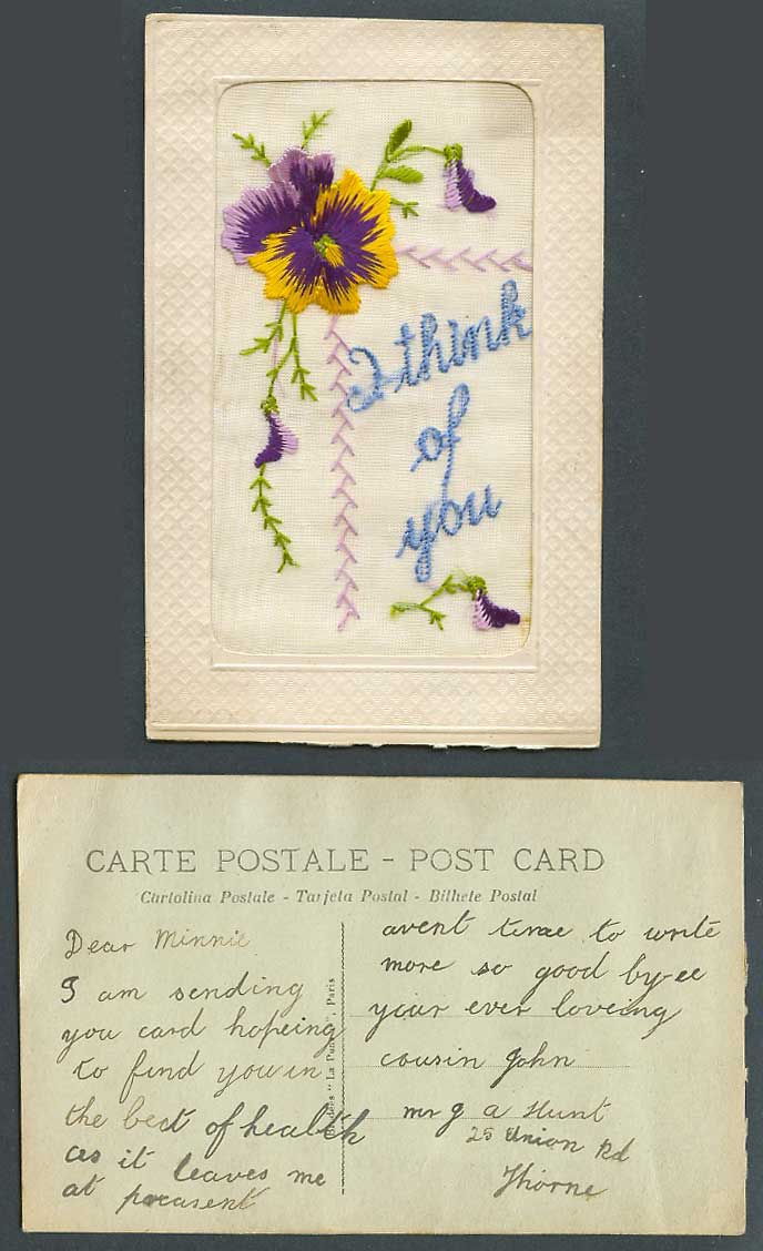 WW1 SILK Embroidered Old Postcard I Think of You Pansy Flowers Pansies La Pansee