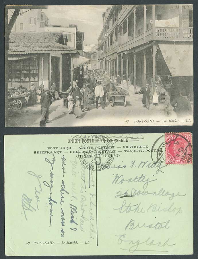 Egypt India 1a Sea PO 1909 Old Postcard Port Said The Market Street Scene L.L.43