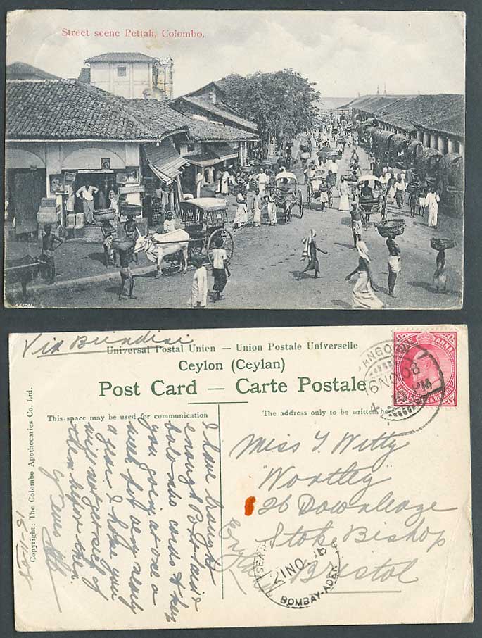 Ceylon India KE7 1a Sea P.O. Bombay-Aden 1908 Old Postcard Pettah Street Colombo