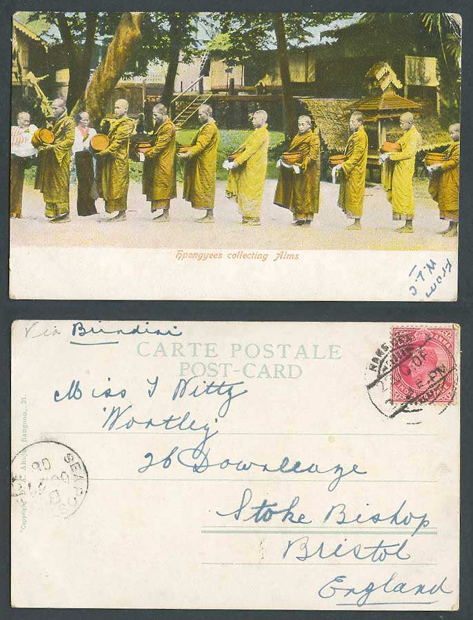 Burma India 1a Sea PO 1906 Old Postcard Burmese Hpongyees Collecting Alms, Monks