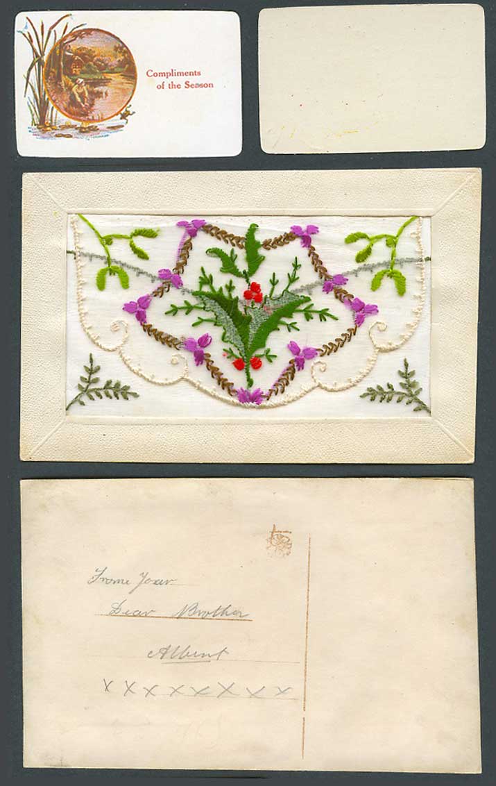 WW1 SILK Embroidered Old Postcard Holly Wallet Compliments of Season Woman River