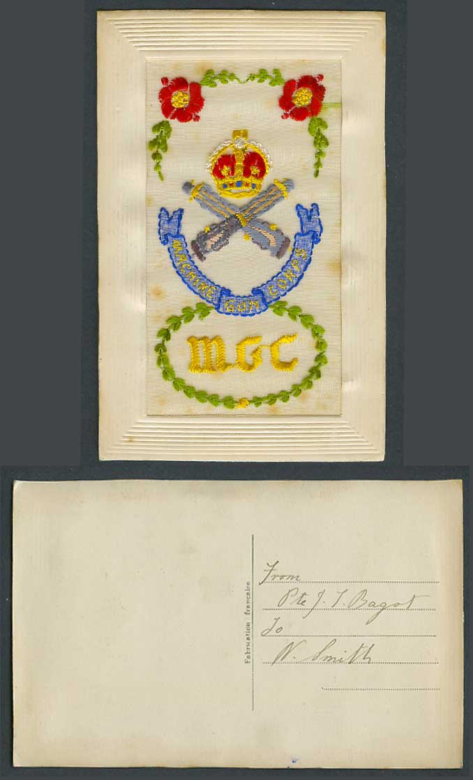 WW1 SILK Embroidered Old Postcard M.G.C. Machine Gun Corps Coat of Arms, Flowers