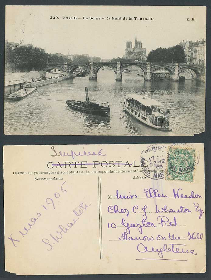 France Paris 1906 Old Postcard La Seine, Pont de la Tournelle Bridge Ferry Boats