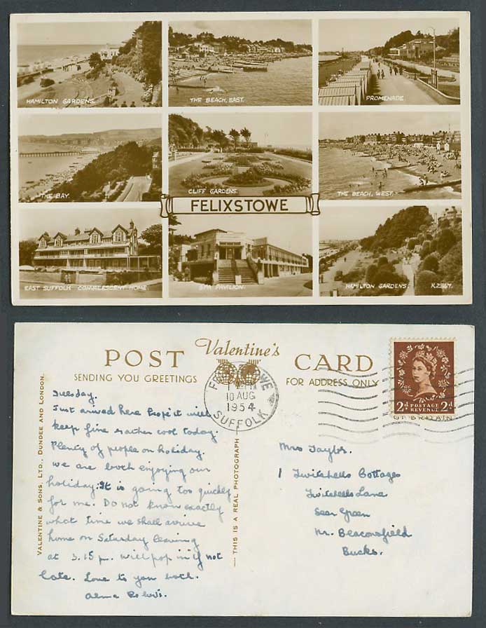 Felixstowe 1954 Old Postcard Cliff Hamilton Gardens Beach Promenade Bay Spa Pav.