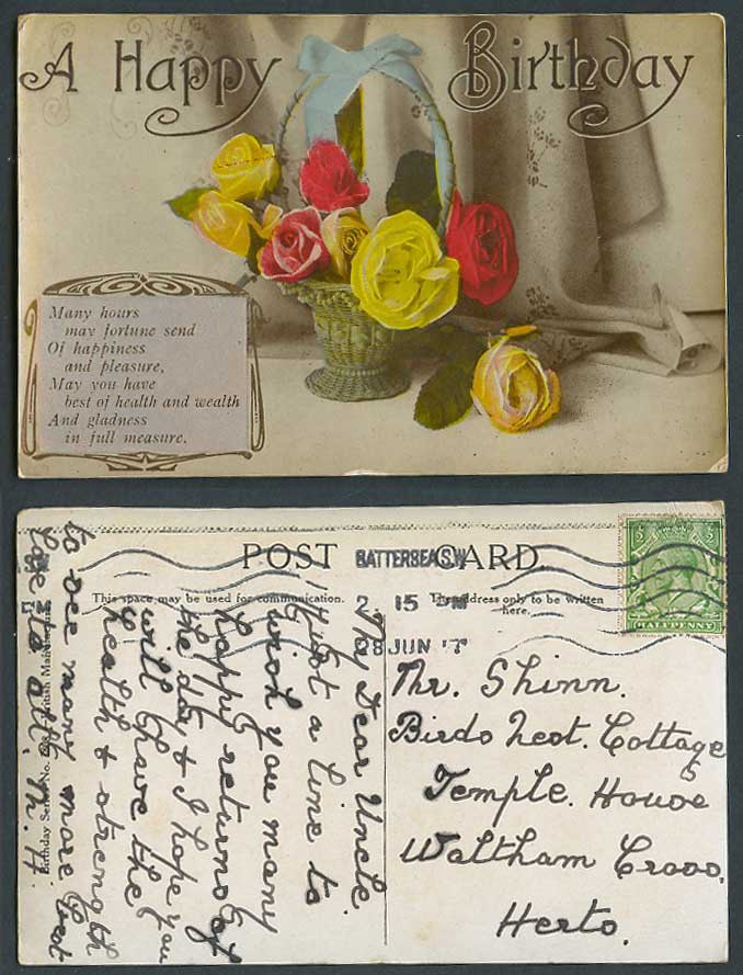 Rose Roses Flowers Basket A Happy Birthday Series Greetings 1917 Old Postcard