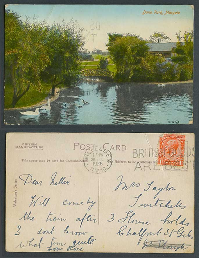 Margate Kent 1926 Old Colour Postcard DANE PARK Bridge Lake Swans Birds