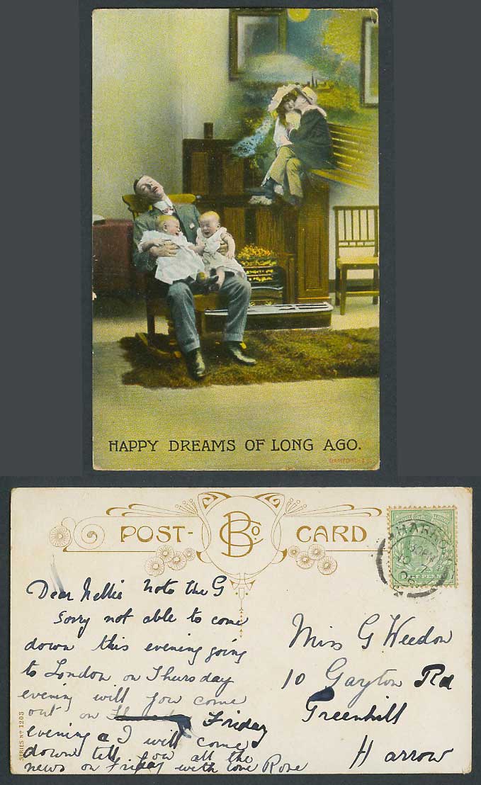 Twins Twin Babies Happy Dreams of Long Ago Humour 1906 Old Postcard Bamforth Co.