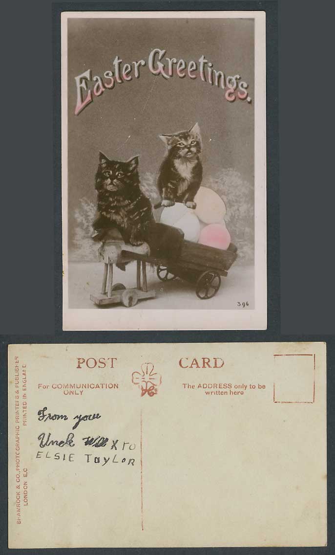 Cats kittens Cat Kitten, Egg Eggs on Toy Cart Easter Greetings 1920 Old Postcard