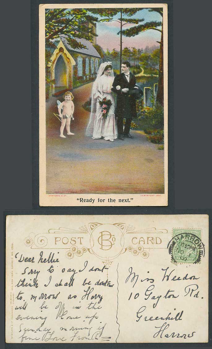 Girl Cupid Wedding Bride Bridegroom Church, Ready For The Next 1907 Old Postcard
