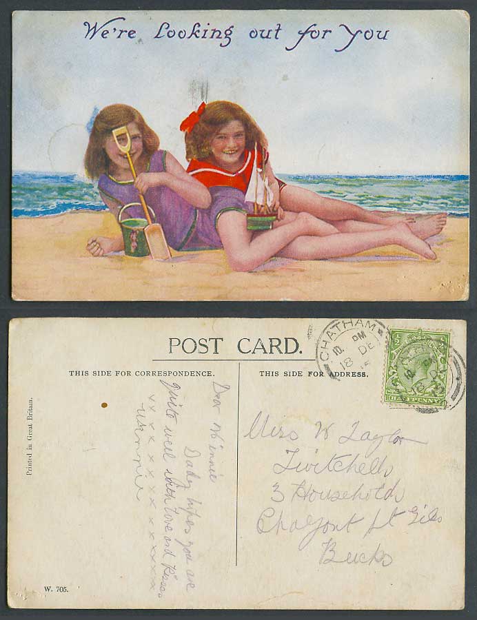 2 Girls at Play on Beach We're Looking Out For You Bucket Boat 1915 Old Postcard