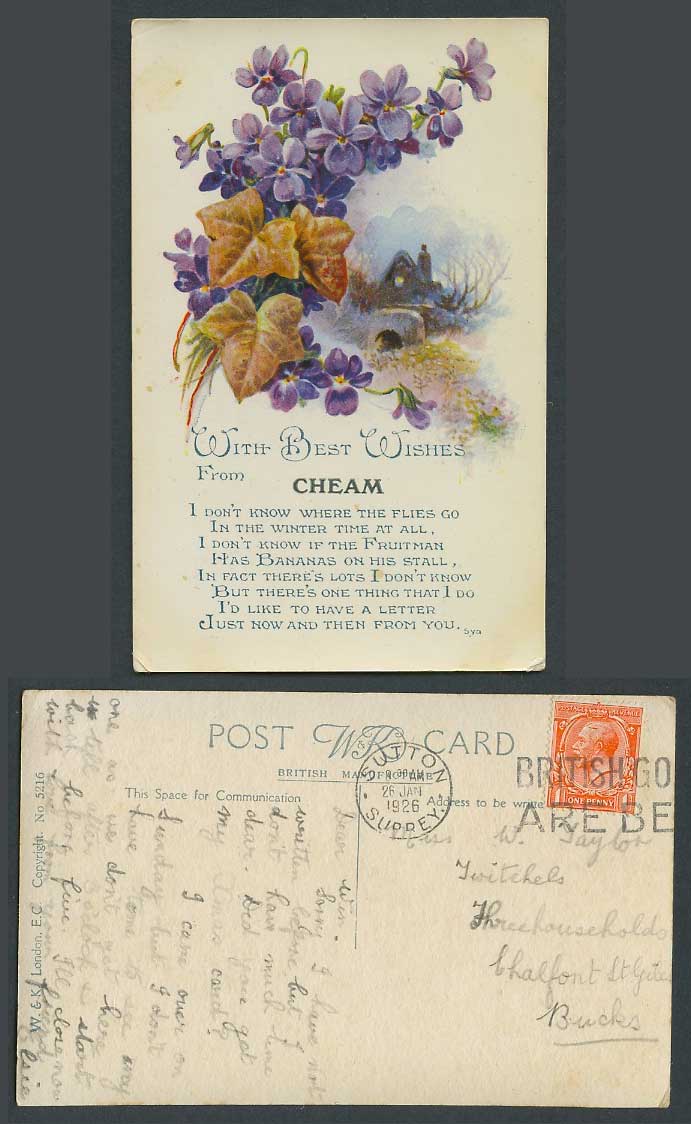 With Best Wishes from CHEAM, Flowers, Greetings 1926 Old Postcard British Goods