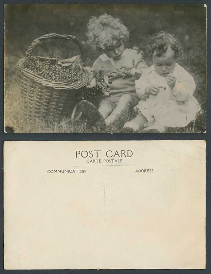 Children Little Boy and Girl by Basket of Berries Fruits Old Real Photo Postcard