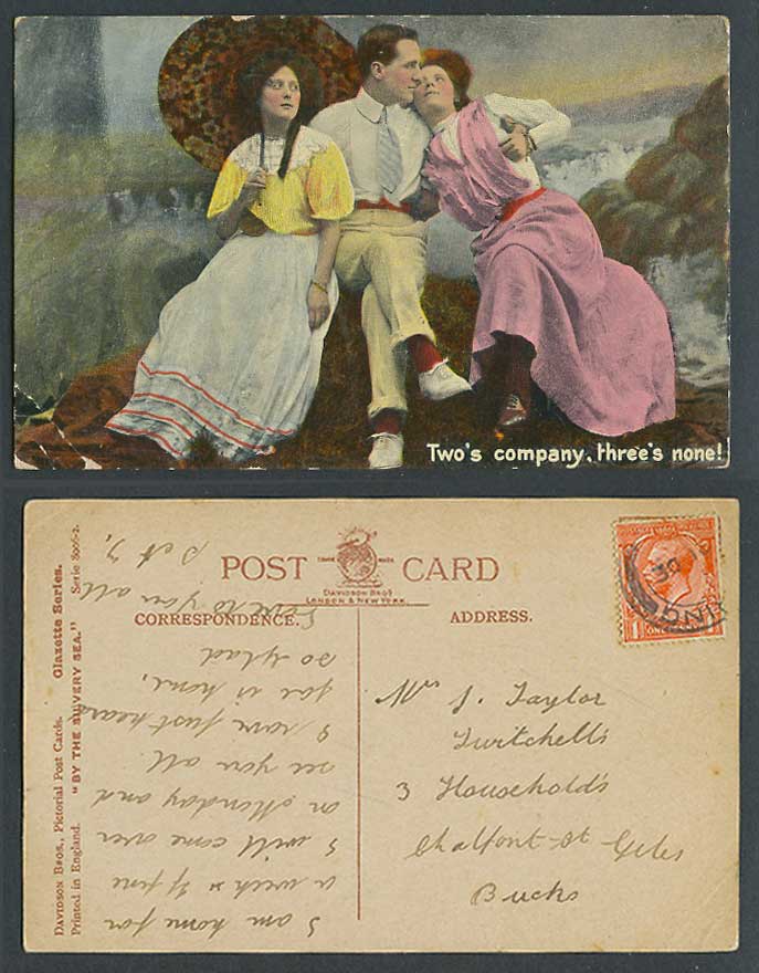Two's Company, Three's None, a Man & 2 Women Sit By The Silvery Sea Old Postcard