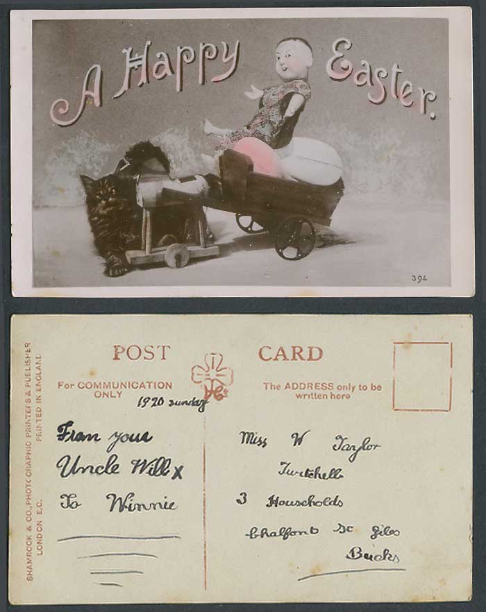Cat Kitten Doll on Toy Cart A Happy Easter Greeting 1920 Old Real Photo Postcard