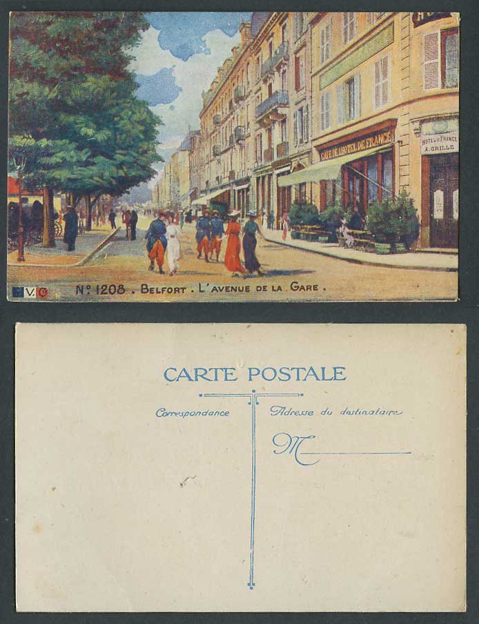 Belfort L'Avenue de la Gare Station Street Hotel de France Cafe ART Old Postcard