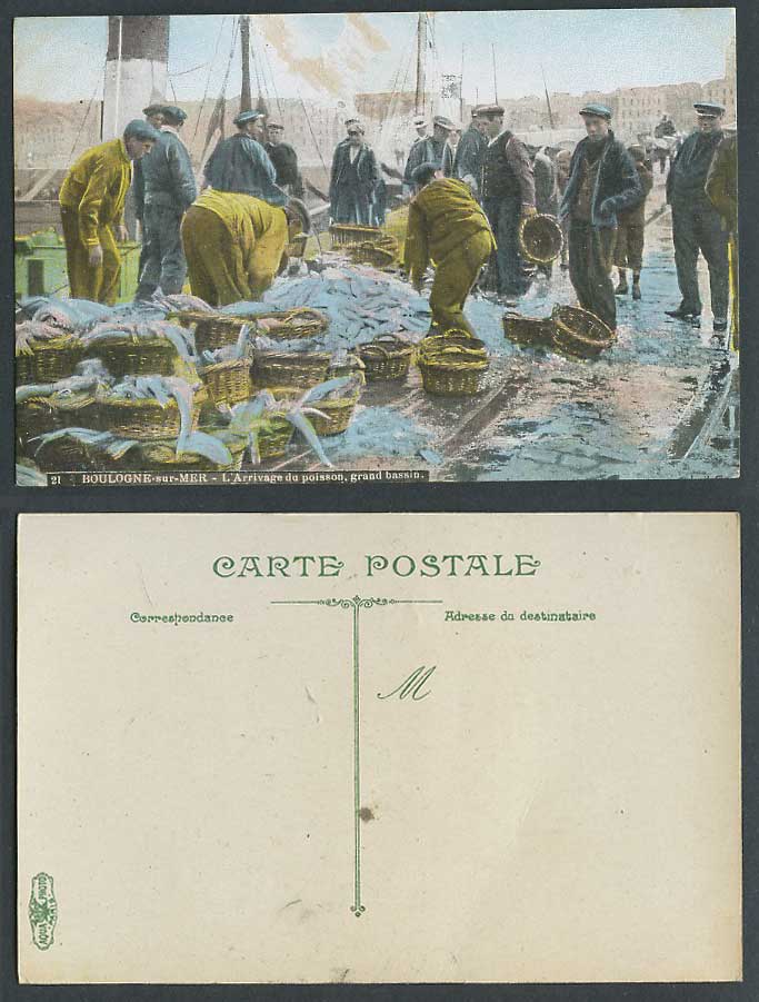 Boulogne-sur-Mer Fish Arrival Fishermen Fishing Boats Fishery Old Color Postcard