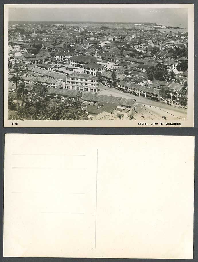 Singapore Old Real Photo Postcard Aerial View Street Scene Cars Ovaltine Adverts