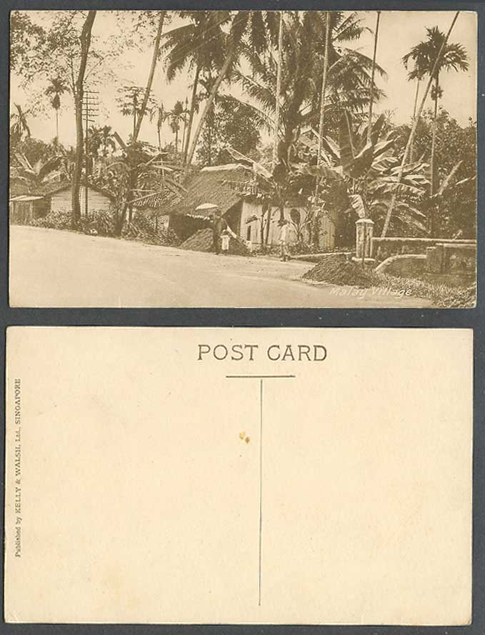 Singapore Old Postcard Malay Village, Street Scene Native Houses Huts Palm Trees