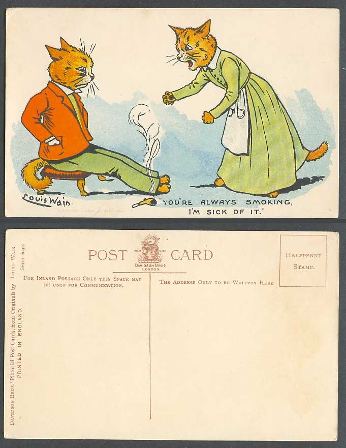 Louis Wain Artist Signed Cats, You're Always Smoking I'm Sick of it Old Postcard