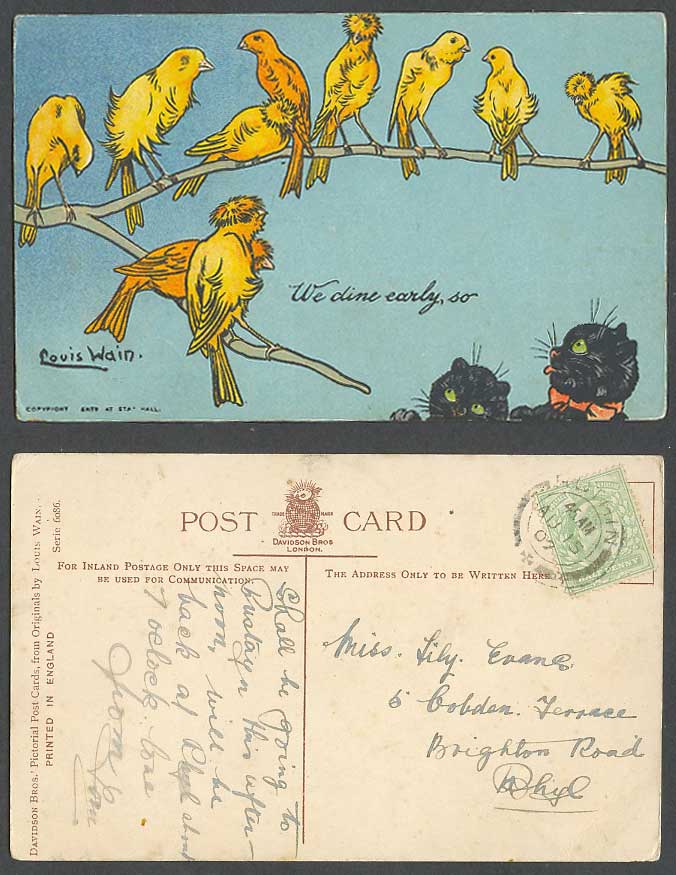 Louis Wain Artist Signed Cats Birds, We Dine Early, so, Write Away 1907 Postcard
