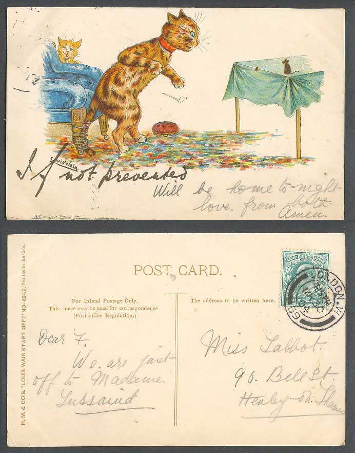 Louis Wain Artist Signed Cat Mouse If Not Prevented 1904 Old Postcard Write Away
